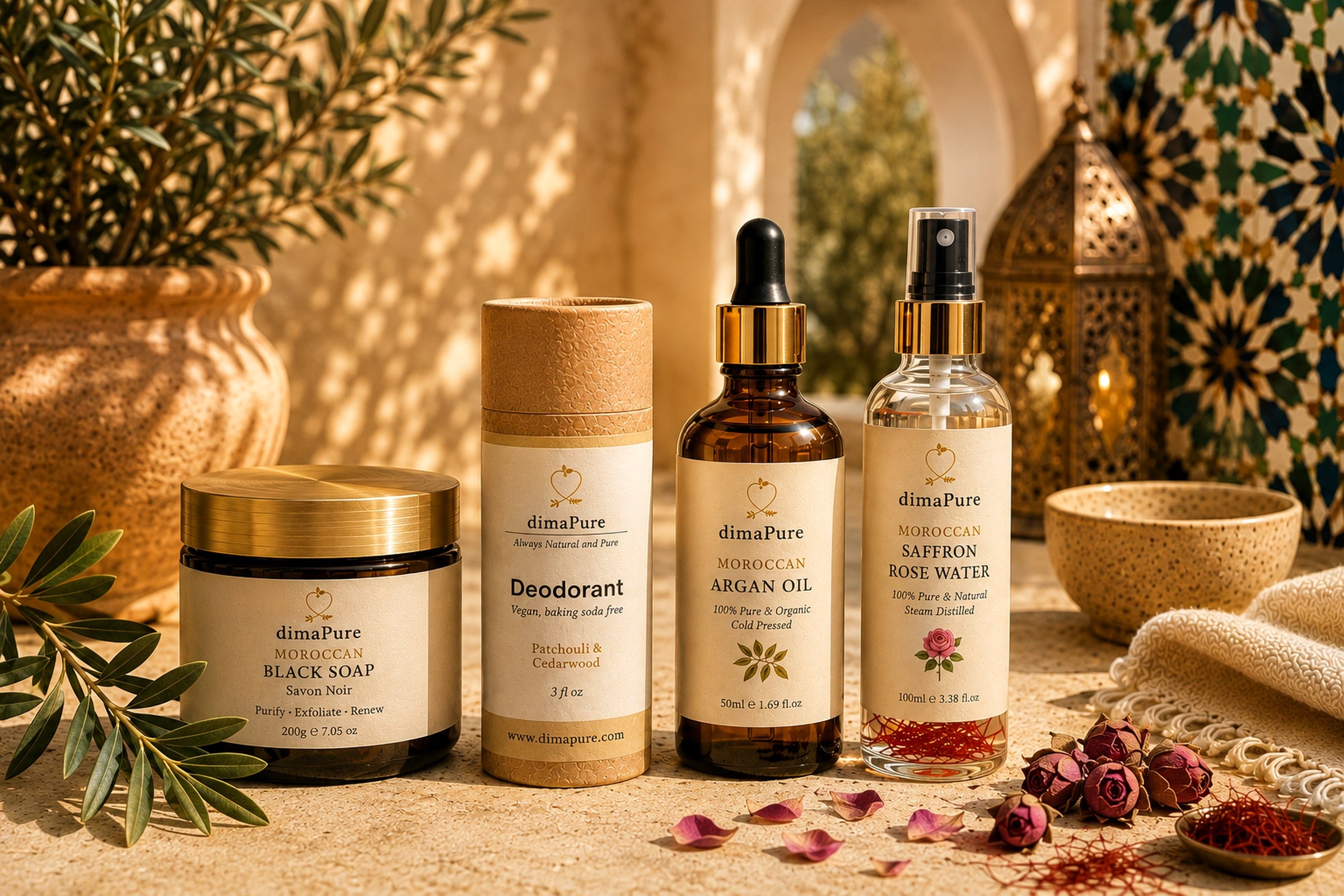 DimaPure Moroccan black soap, natural deodorant, Moroccan argan oil and saffron rose water in a sunlit Moroccan botanical setting